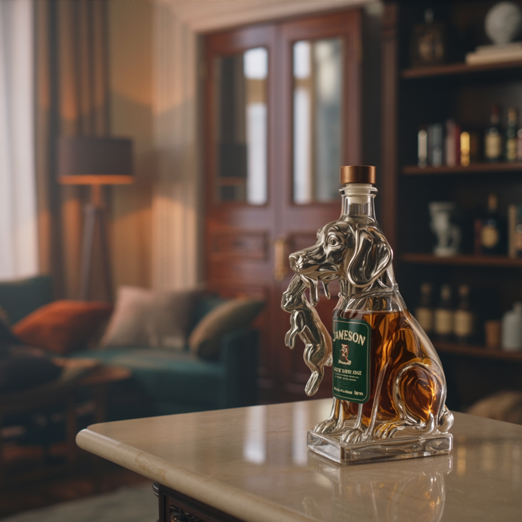 Veda Bremen Whisky Flasche Hunde Edition with dog-themed label and sleek glass bottle on a white background.