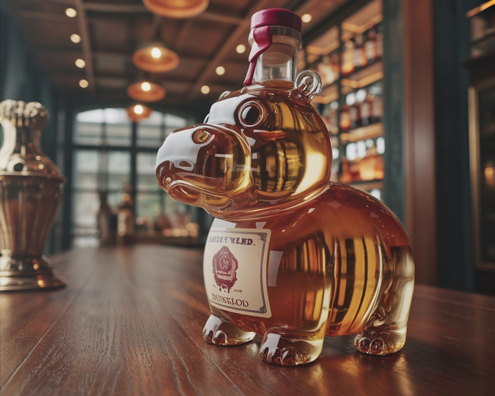Veda Bremen Nilpferd Edition whisky bottle with detailed hippo illustration on the label, showcasing a unique design.
