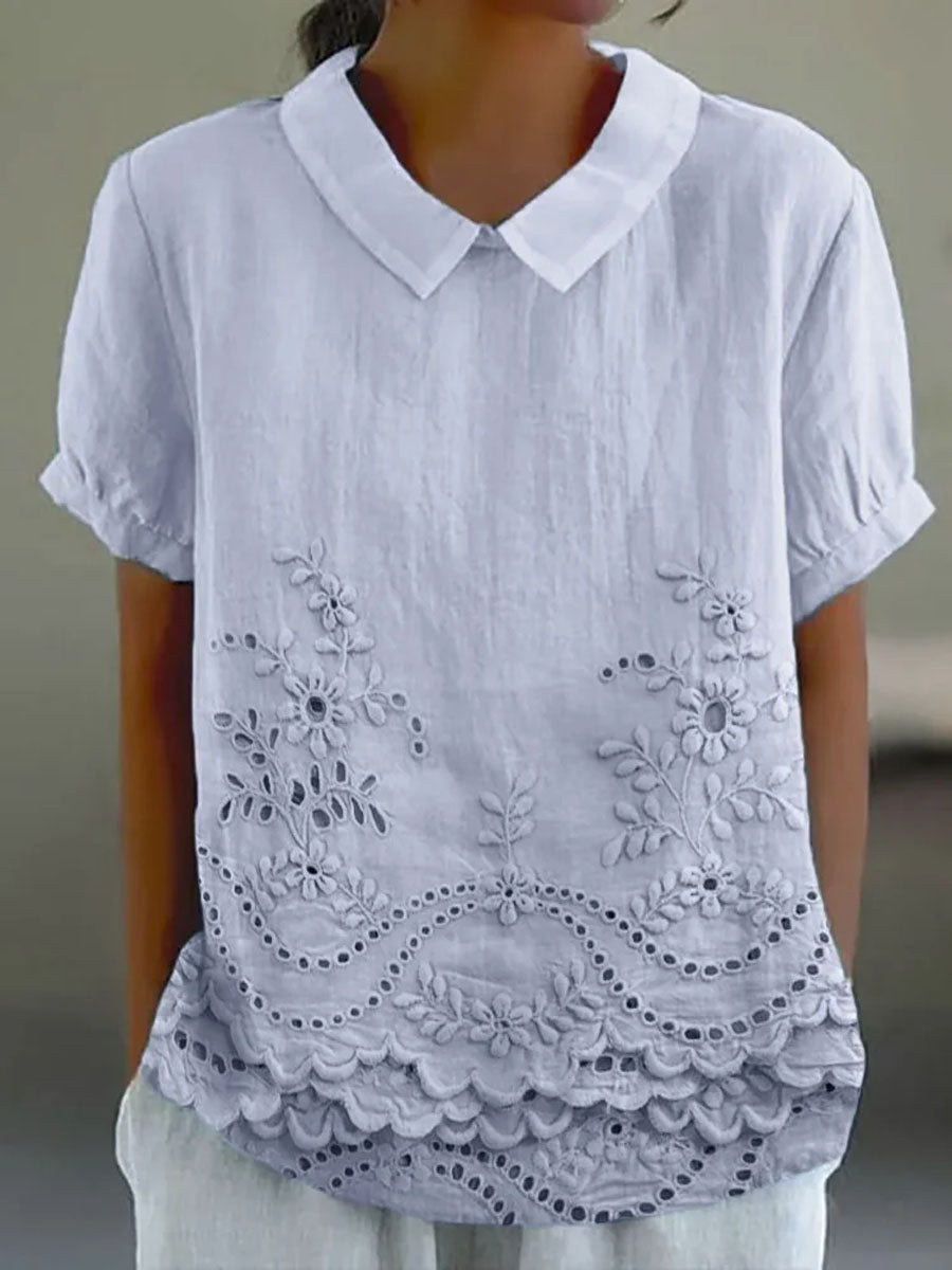 Veda Bremen Lily embroidered floral shirt with colorful flower patterns on white fabric, casual long-sleeve blouse.