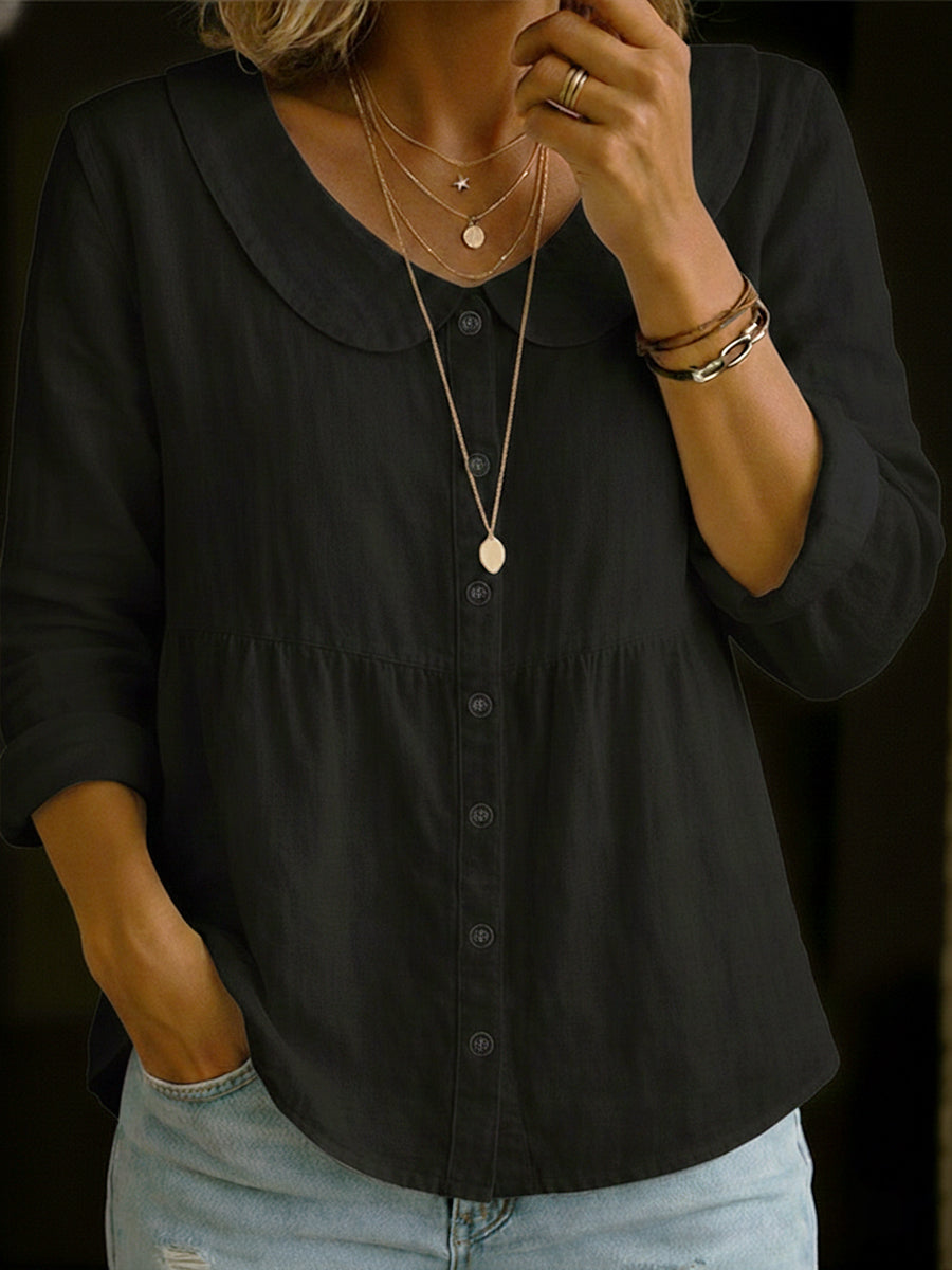 Veda Bremen Arlira linen blouse with Peter Pan collar, soft and textured fabric, shown on a white background.