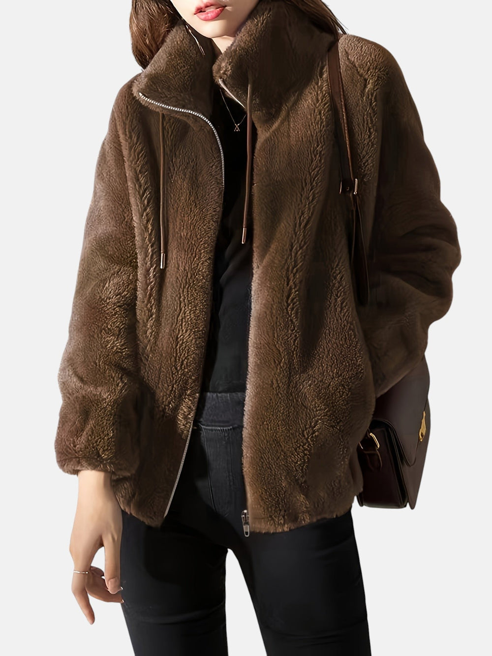 LuroLondon Carrie Cozy Zip Jacket in soft fabric with a front zipper and hood, shown in a casual, relaxed fit.