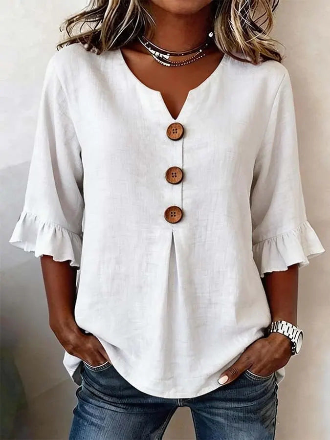 Veda Bremen Jessara linen blouse with ruffled sleeves, white lightweight fabric, casual and stylish women&