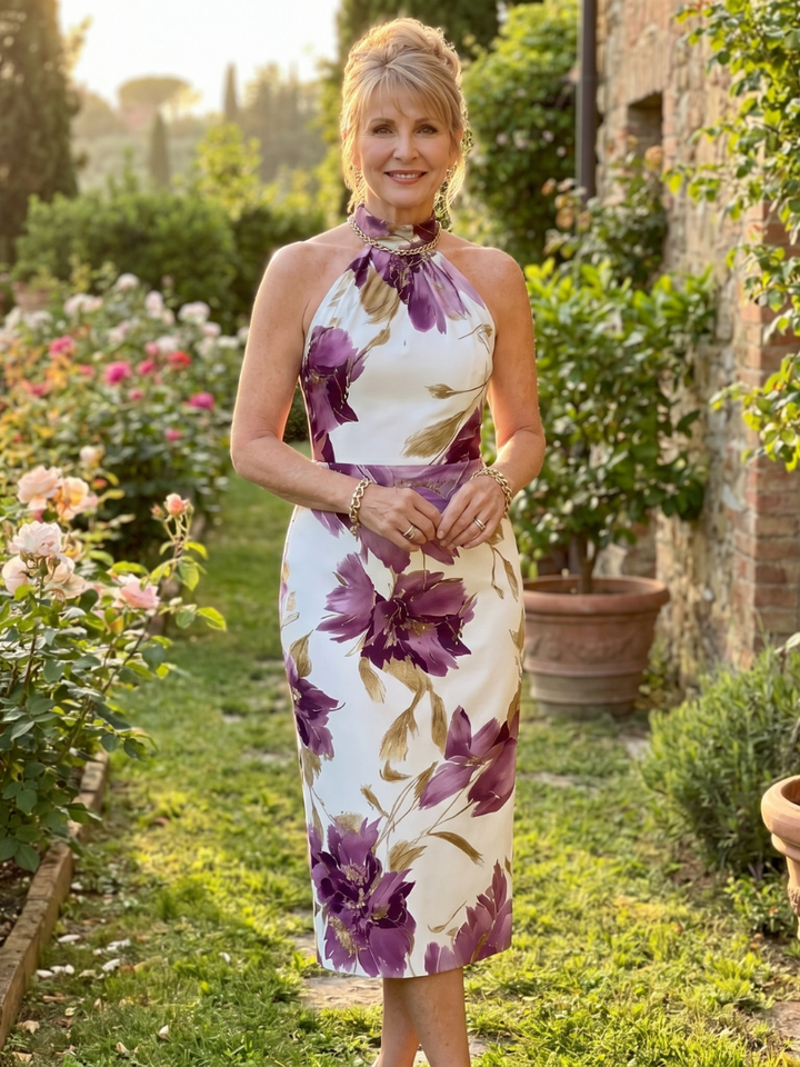Veda Bremen Zinnara midikleid with neckholder and floral print, featuring a flowy fabric and vibrant flower pattern.