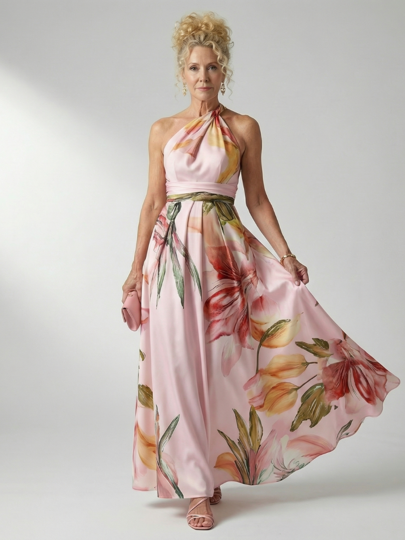 Veda Bremen Amiel lightweight maxi dress with colorful floral print, flowing fabric, and sleeveless design.