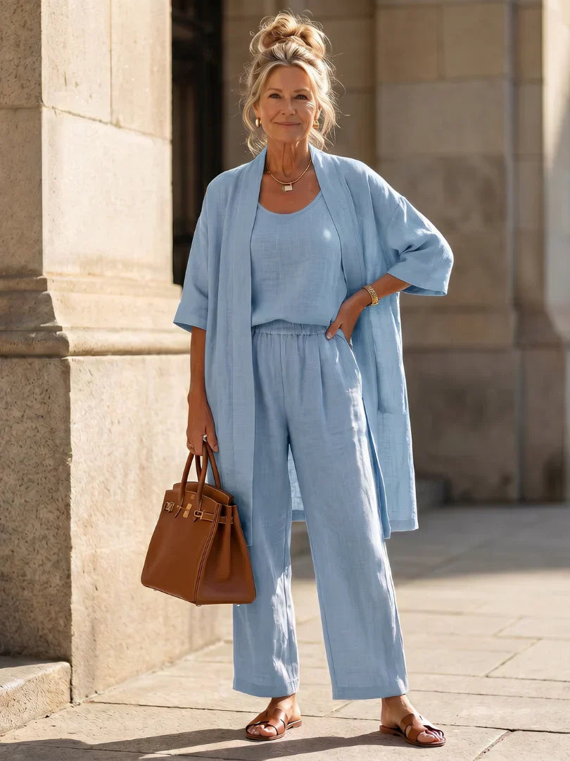 Veda Bremen Linnea lightweight linen set featuring a breezy, soft fabric in a stylish design, perfect for warm weather.