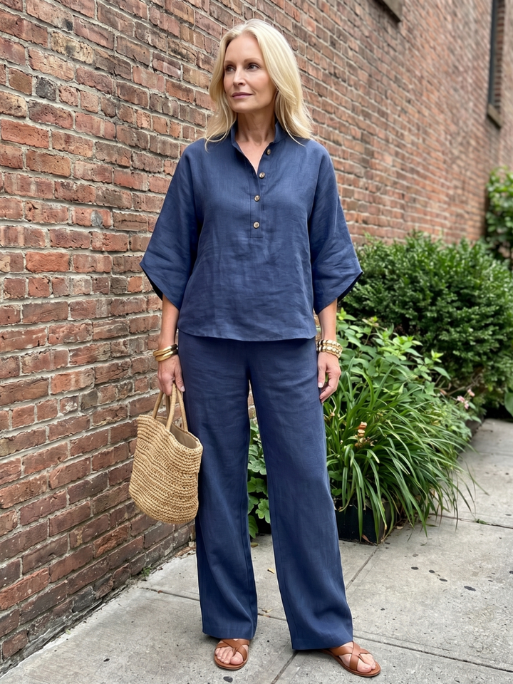 Veda Bremen Carolyn Geknöpftes Tunika und Hosen Set, stylish matching outfit with button details, casual and comfortable look.