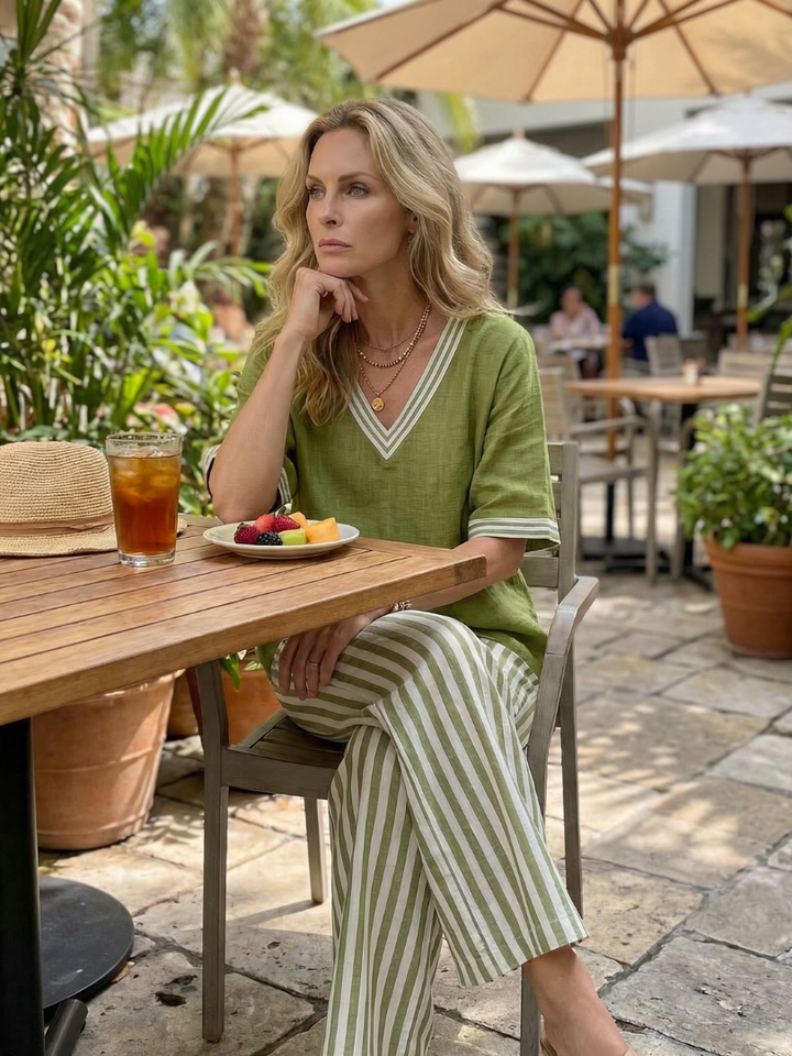 Veda Bremen Norma contrast V-neck tunic paired with striped pants set, stylish and comfortable women&