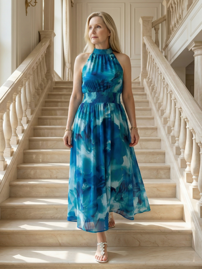 Veda Bremen Sylin Gerafftes Midikleid mit Neckholder in elegant, ruffled fabric, sleeveless design with a stylish neckholder detail.