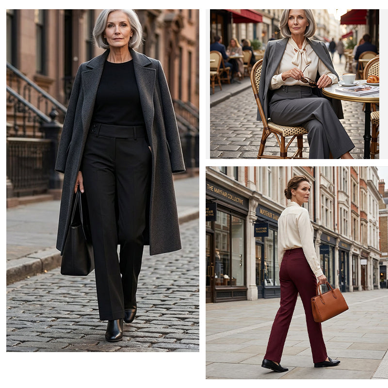 Veda Bremen Elowra tailored wide-leg suit trousers in sleek fabric, displayed on a hanger against a neutral background.