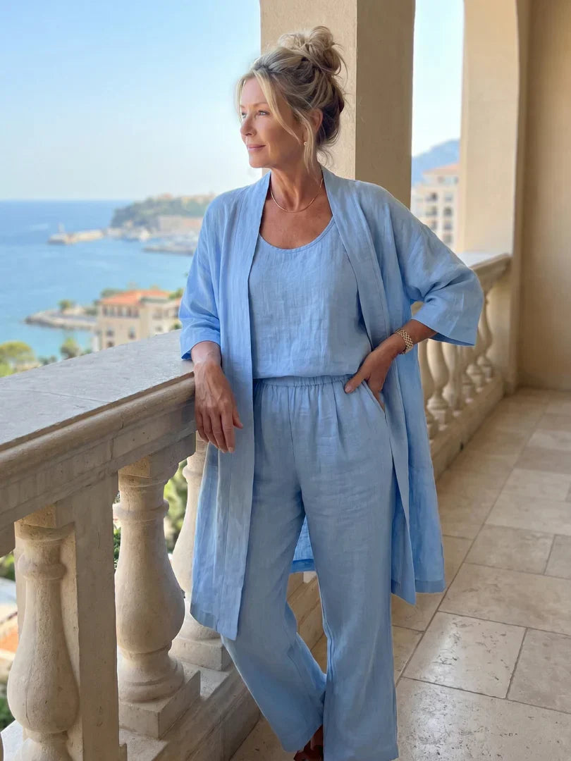Veda Bremen Linnea lightweight linen set featuring a relaxed fit, natural beige color, and soft textured fabric for casual wear.