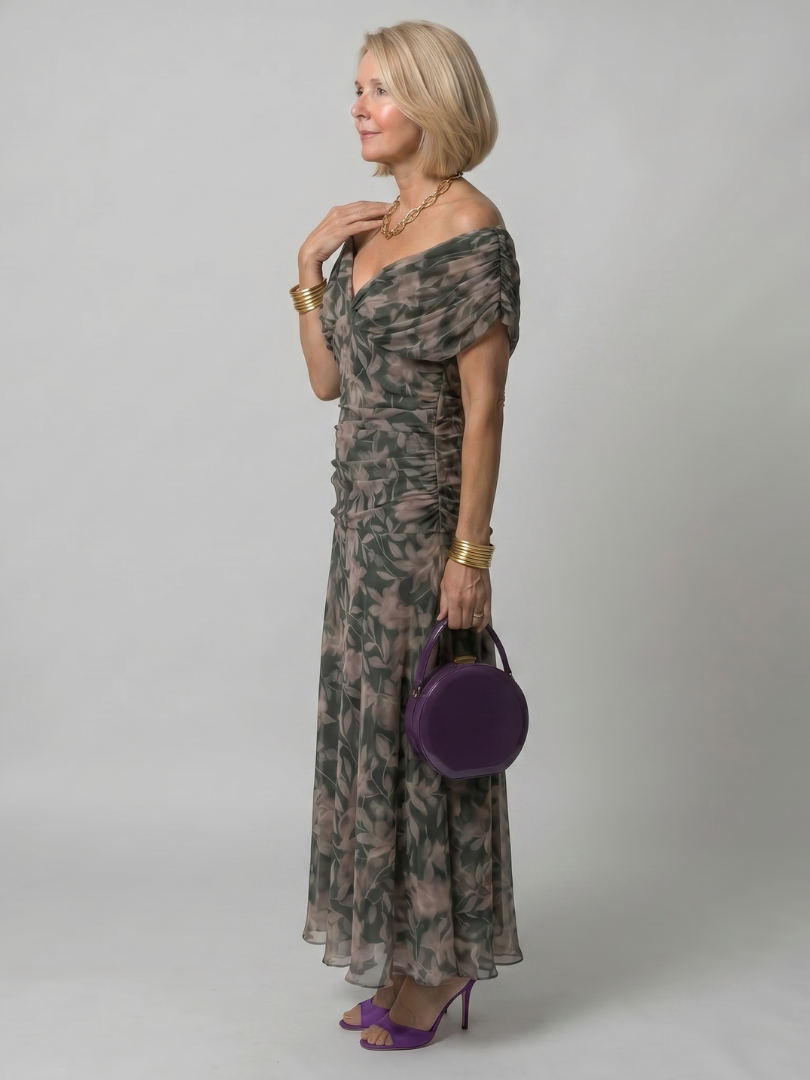 Veda Bremen Calen off-shoulder midi dress with flowing silhouette, showcasing the elegant, lightweight fabric design.