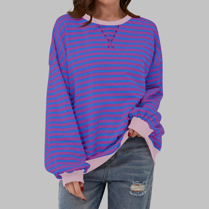 Veda Bremen LUKA soft striped long-sleeve top, lightweight spring layer, beige and white striped fabric, casual and comfortable fit.