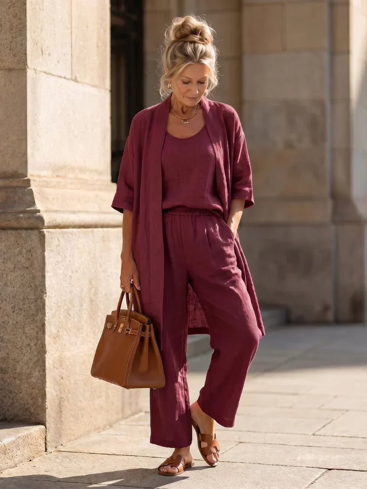 Veda Bremen Linnea lightweight linen set, soft beige fabric with relaxed fit, casual elegant style, shown on model.