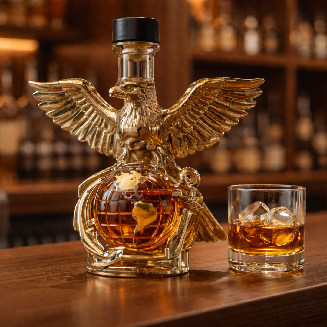 Veda Bremen Aquila Edition whisky flachmann with engraved design, compact stainless steel flask for carrying spirits.