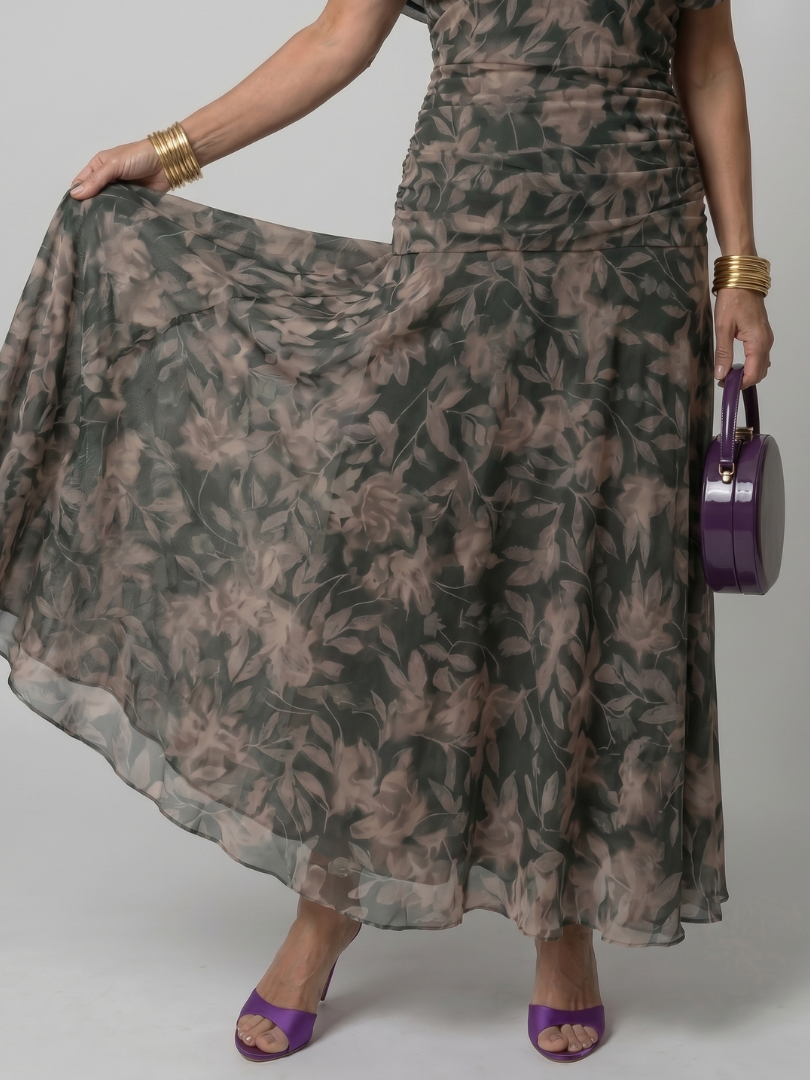 Veda Bremen Calen off-shoulder midi dress with flowing fabric, elegant and stylish for casual or special occasions