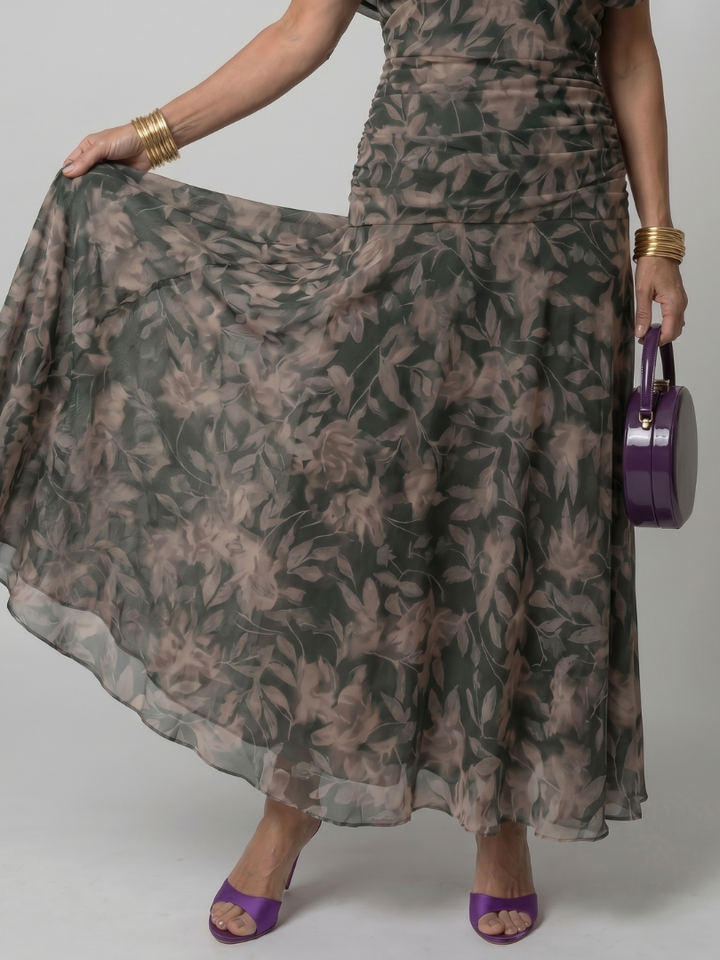 Veda Bremen Calen off-shoulder midi dress with flowing fabric, elegant and stylish for casual or special occasions