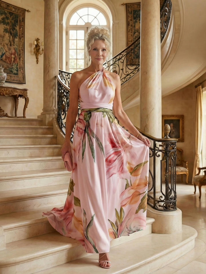 Veda Bremen Amiel lightweight maxi dress with floral print, flowing fabric, and sleeveless design, perfect for warm weather.