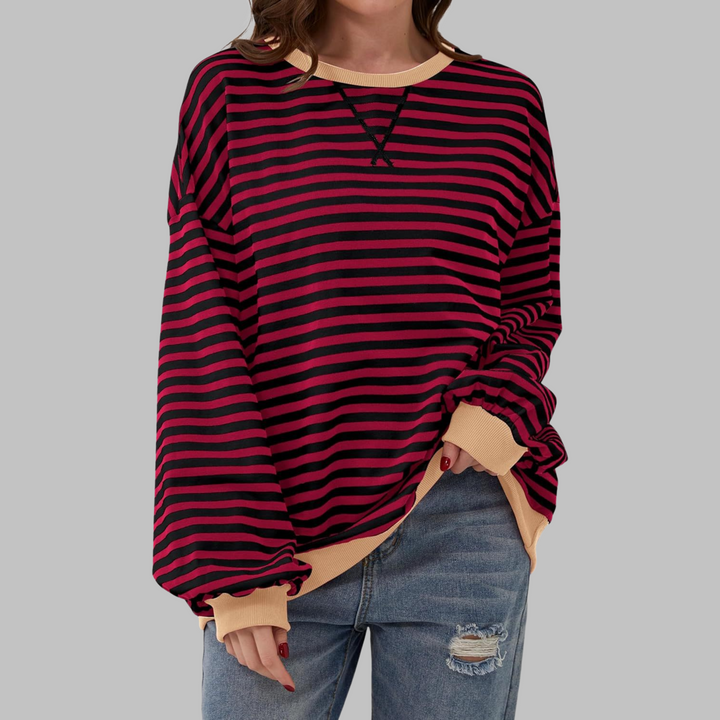 Veda Bremen LUKA soft striped long-sleeve top for spring, lightweight and comfortable, shown in a casual layered style.