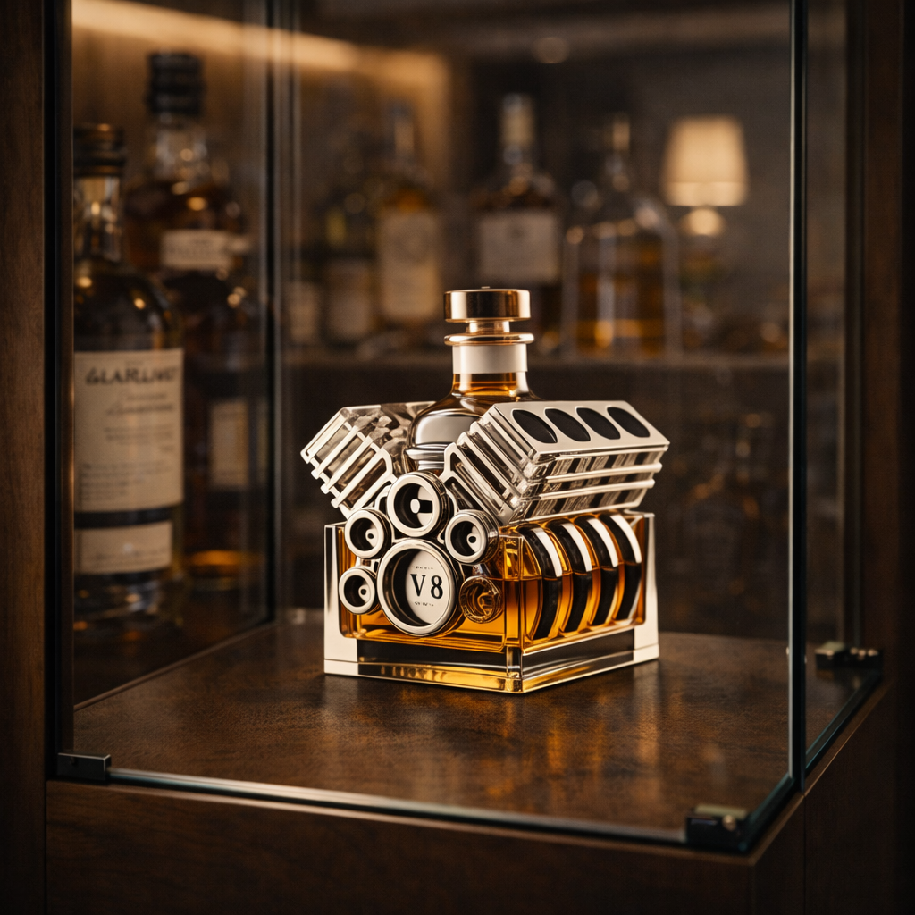 Veda Bremen Whisky Flasche Motor Edition with sleek design and detailed motor-themed artwork on the bottle.