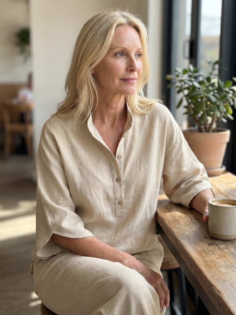Veda Bremen Carolyn Geknöpftes Tunika and matching pants set in soft fabric, featuring button details and a relaxed fit.