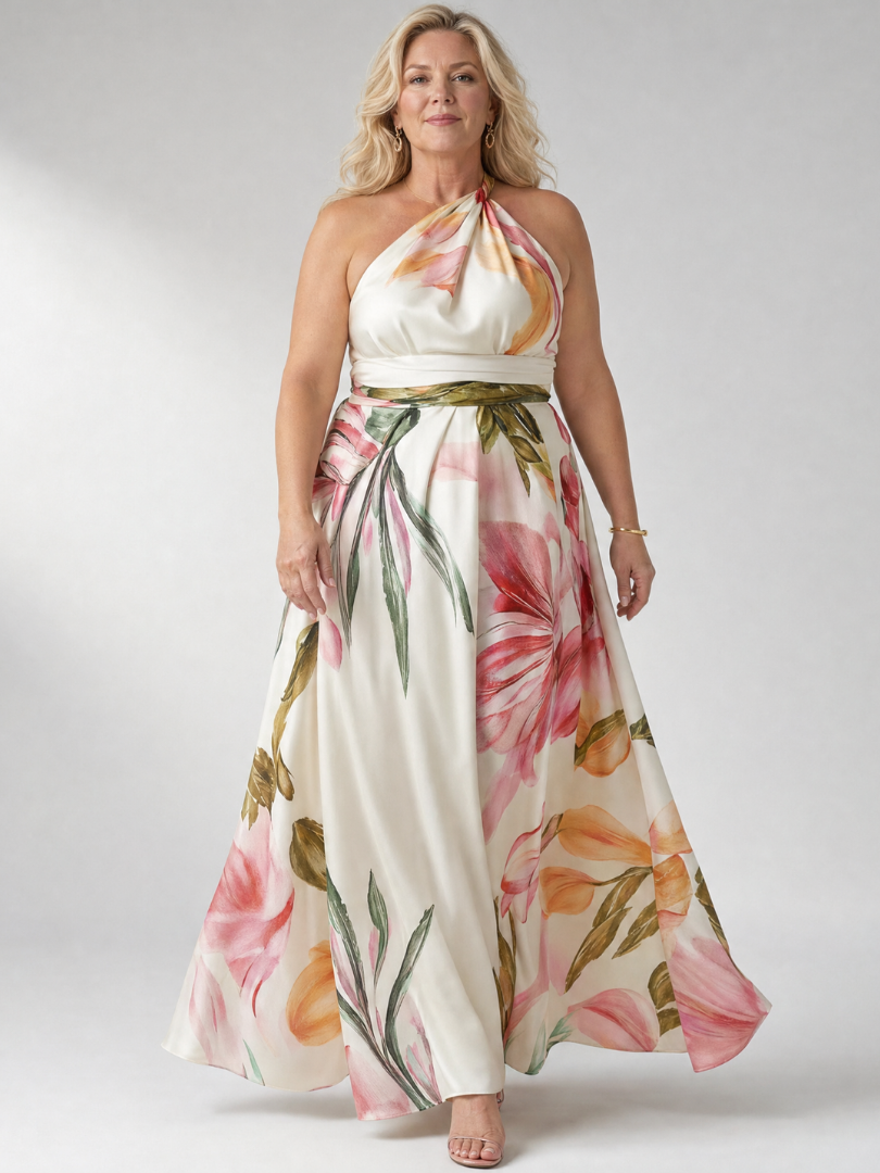 Veda Bremen Amiel lightweight maxi dress with colorful floral print, flowing fabric, and sleeveless design.