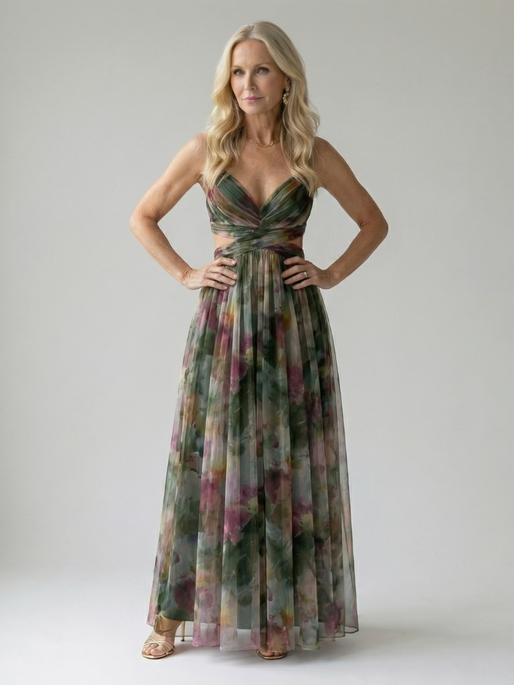 Veda Bremen Isel soft wrap maxi dress in light fabric, featuring a flowing silhouette and elegant design, displayed on a hanger.