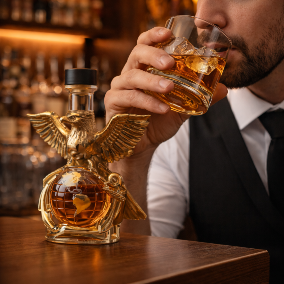 Veda Bremen Whisky Flachmann Aquila Edition with sleek metal body and engraved design, ideal for carrying spirits discreetly.