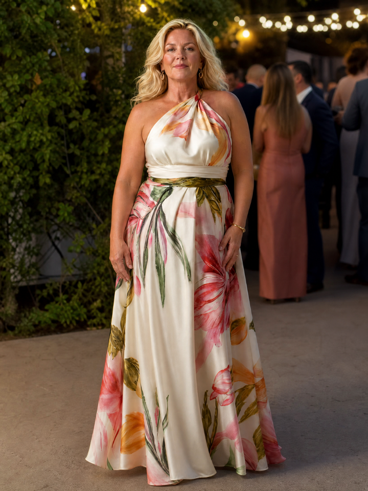 Veda Bremen Amiel lightweight maxi dress with colorful floral print, flowing fabric, and sleeveless design.