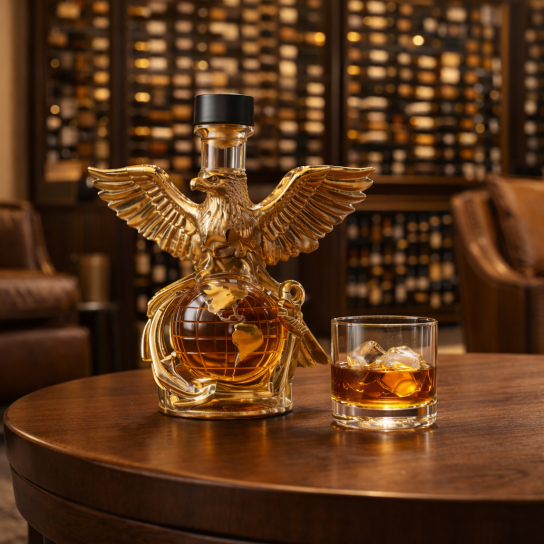 Veda Bremen Aquila Edition whisky flask with sleek metallic finish and engraved design, compact and portable for on-the-go use.