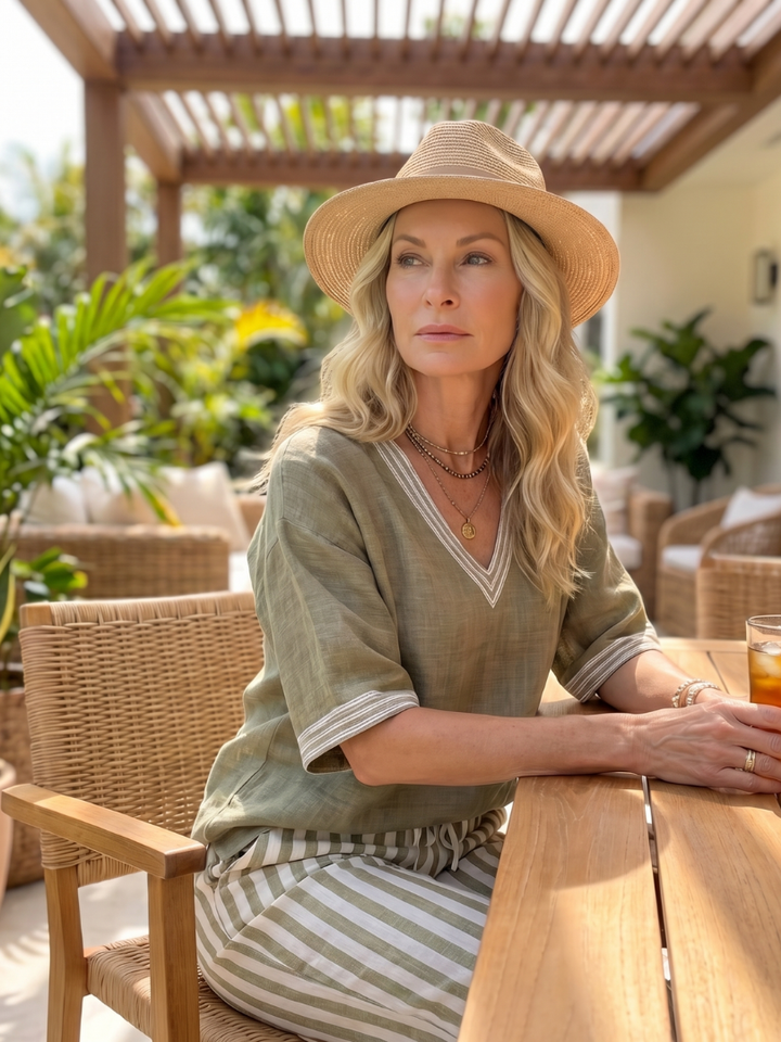 Veda Bremen Norma contrast V-neck tunic and striped pants set, stylish casual outfit with V-neck top and matching striped trousers