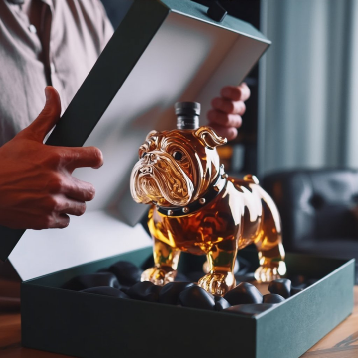 Veda Bremen Bulldoggen Edition whisky bottle featuring a unique dog-themed design and clear glass container.
