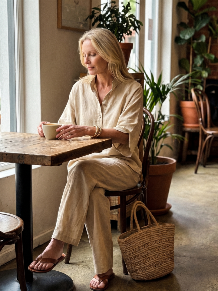 Veda Bremen Carolyn Geknöpftes Tunika and matching trousers set in soft fabric, shown on a mannequin.