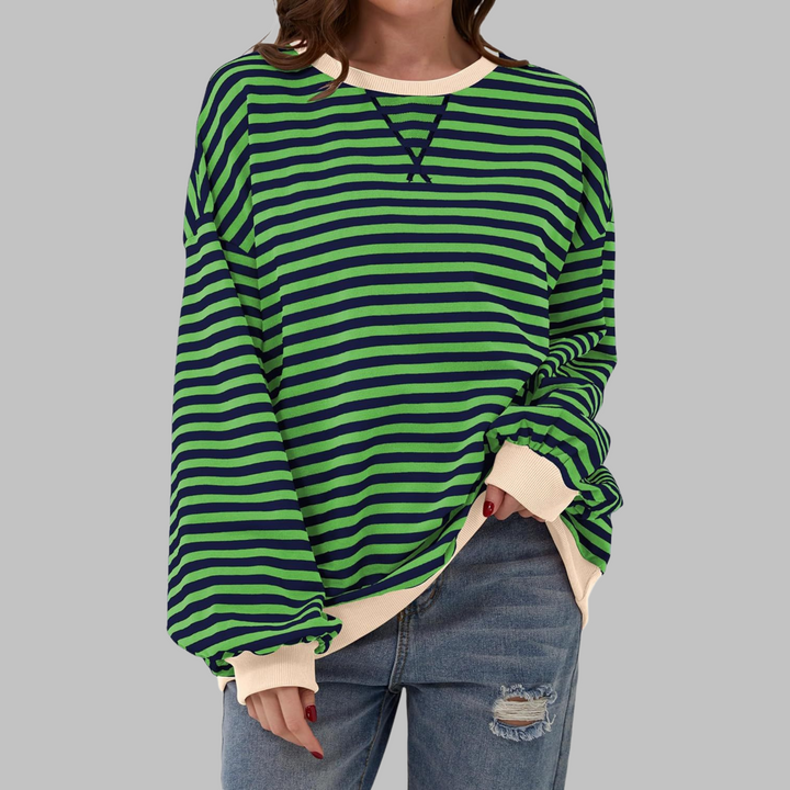Veda Bremen LUKA soft striped long-sleeve top, lightweight spring layer, casual fit with subtle vertical stripes, comfortable and stylish.