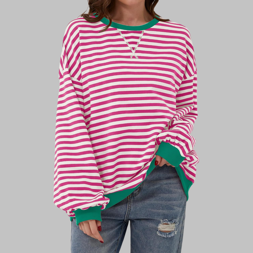 Veda Bremen LUKA striped long-sleeve top, soft and lightweight spring layering shirt, with subtle horizontal stripe pattern.