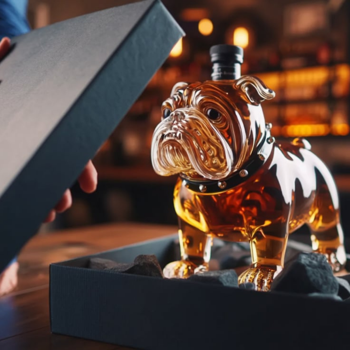Veda Bremen Whisky Flasche Bulldoggen Edition featuring a decorative bulldog design on a glass bottle.