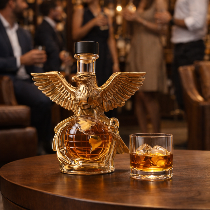 Veda Bremen Whisky Flachmann Aquila Edition with engraved eagle design, stainless steel body, compact and portable for carrying whiskey.