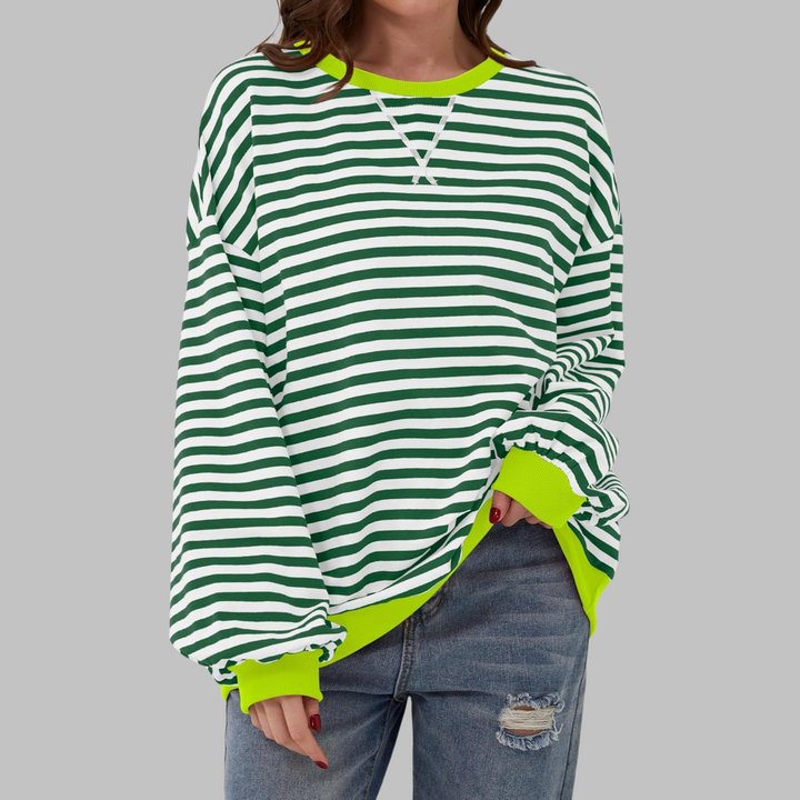 Soft striped long-sleeve top by Veda Bremen, lightweight spring layer with a relaxed fit and subtle stripe pattern.