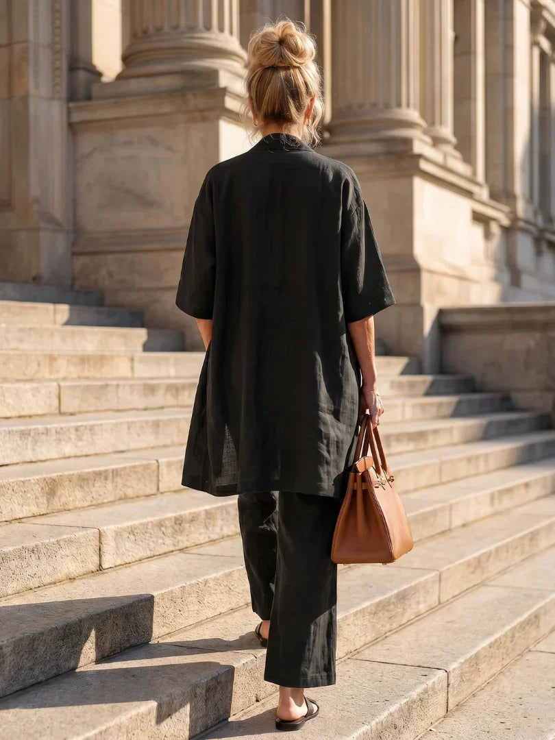 Veda Bremen Linnea lightweight linen set featuring a relaxed fit top and matching pants in soft linen fabric.