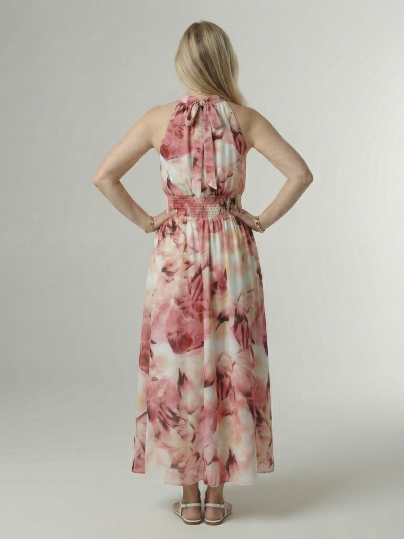Sylin Veda Bremen raffled midi dress with neckholder, showing a flowy fabric and elegant design on a mannequin.