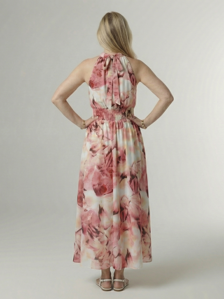 Sylin Veda Bremen raffled midi dress with neckholder, showing a flowy fabric and elegant design on a mannequin.