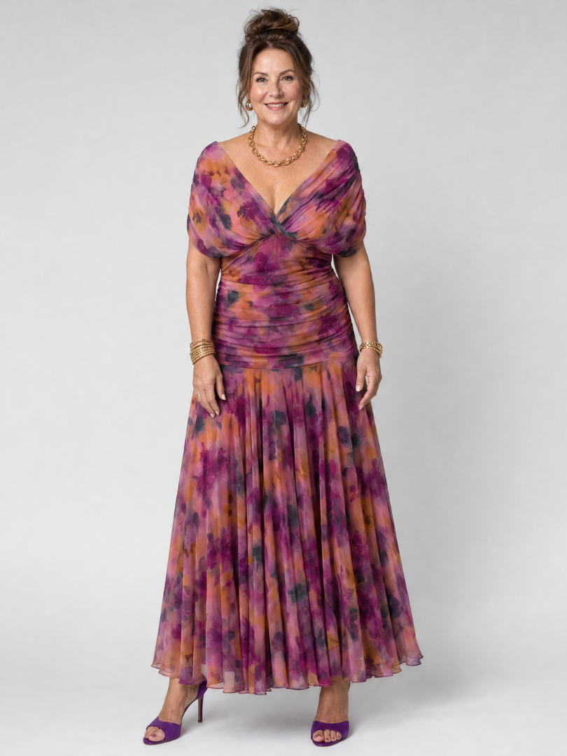 Veda Bremen Calen off-shoulder midi dress with flowing silhouette, showcasing elegant fabric and stylish design.