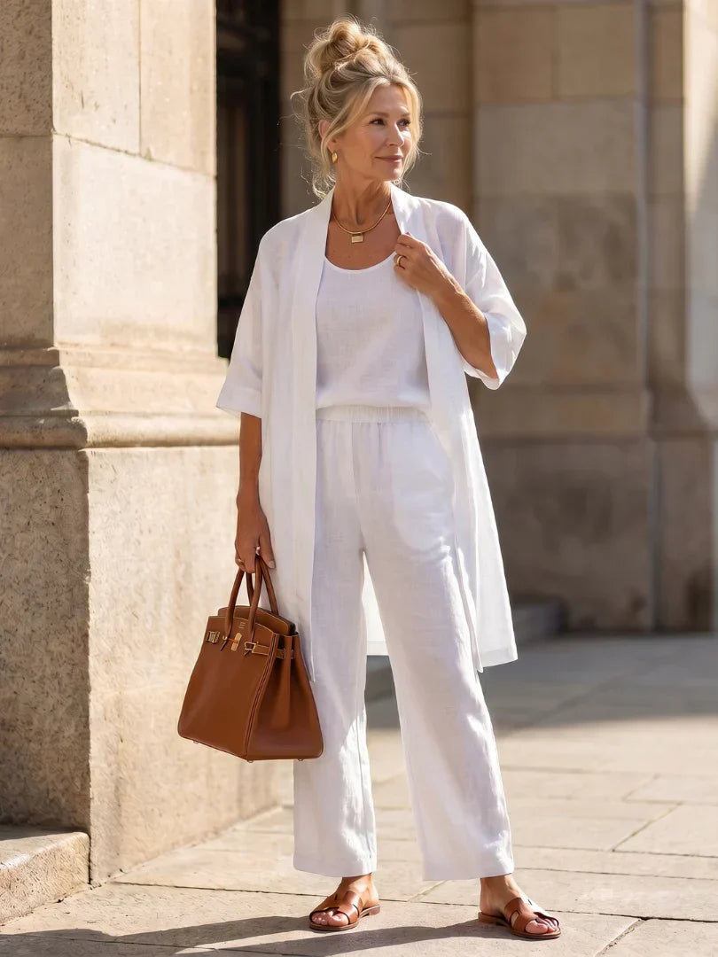 Veda Bremen Linnea lightweight linen set with sleeveless top and matching pants, soft beige color, casual and breathable fabric.