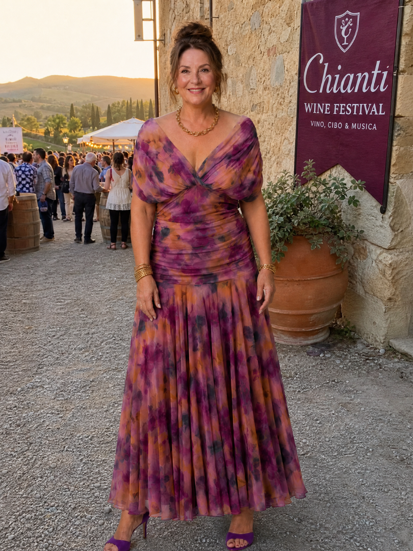 Veda Bremen Calen off-shoulder midi dress with flowing silhouette, featuring a stylish off-shoulder design and elegant fabric.