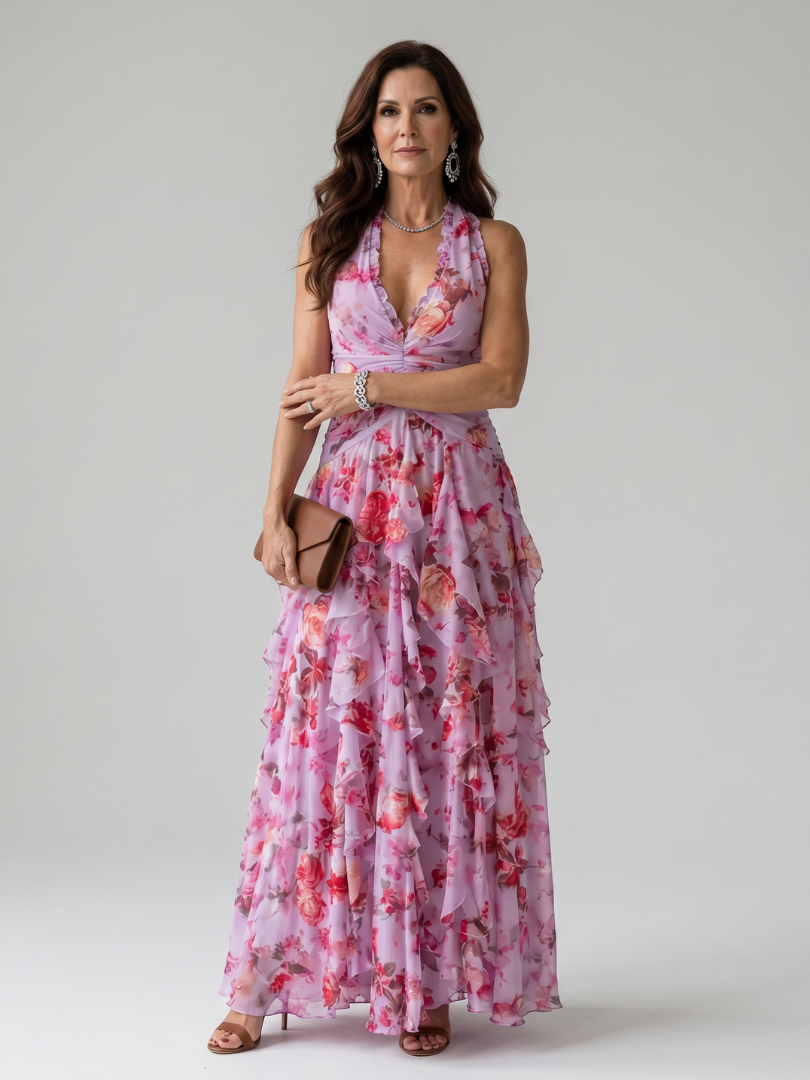Veda Bremen Nori maxi dress with neckholder, ruffled bodice, floral print, and flowing fabric in a stylish summer design.