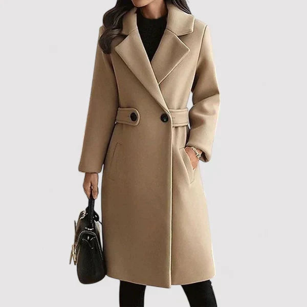 LuroLondon Cathy Wool Coat displayed on a hanger, featuring a tailored fit, neutral color, and classic design for stylish winter wear.