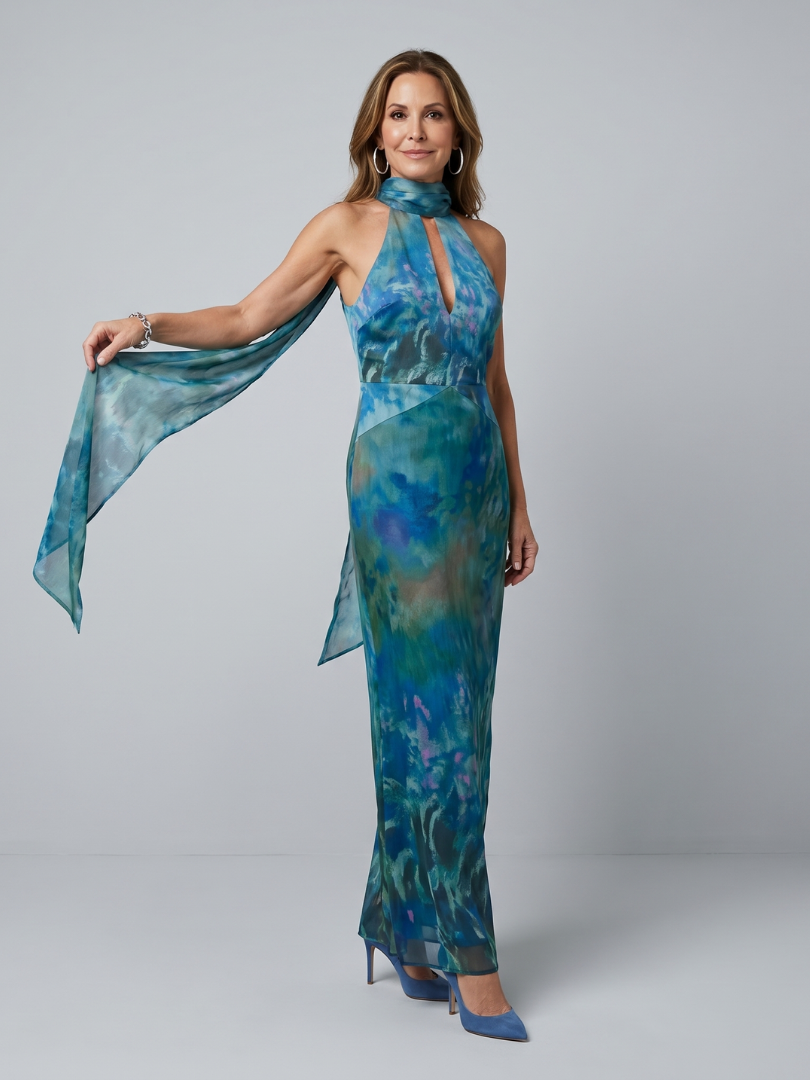 Veda Bremen Juniper sleeveless maxi dress with halter neck and cut-out details, showcasing a flowing silhouette and elegant design.