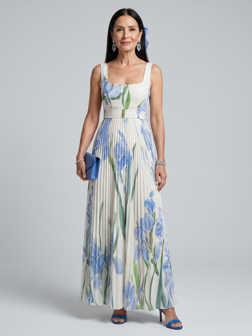 Veda Bremen Ophelia sleeveless midi dress with square neckline and floral print, showcasing elegant feminine style.