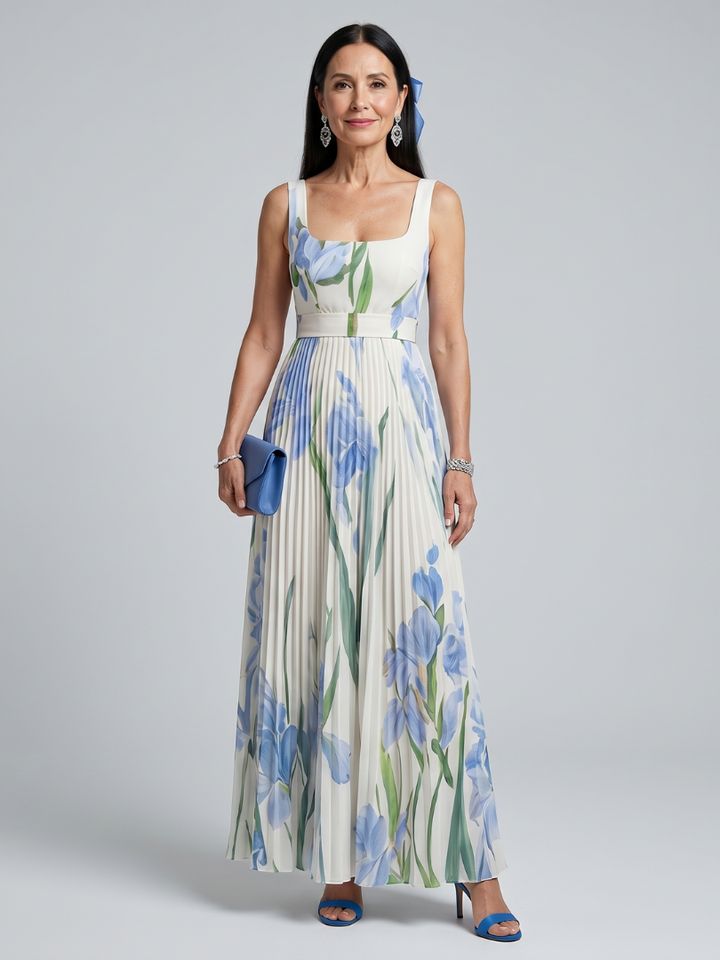 Veda Bremen Ophelia sleeveless midi dress with square neckline and floral print, showcasing elegant feminine style.