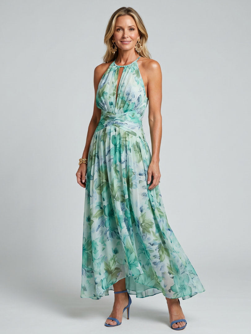 Veda Bremen Portia plissiertes Midikleid with neckholder and delicate floral pattern, featuring lightweight fabric and feminine silhouette.