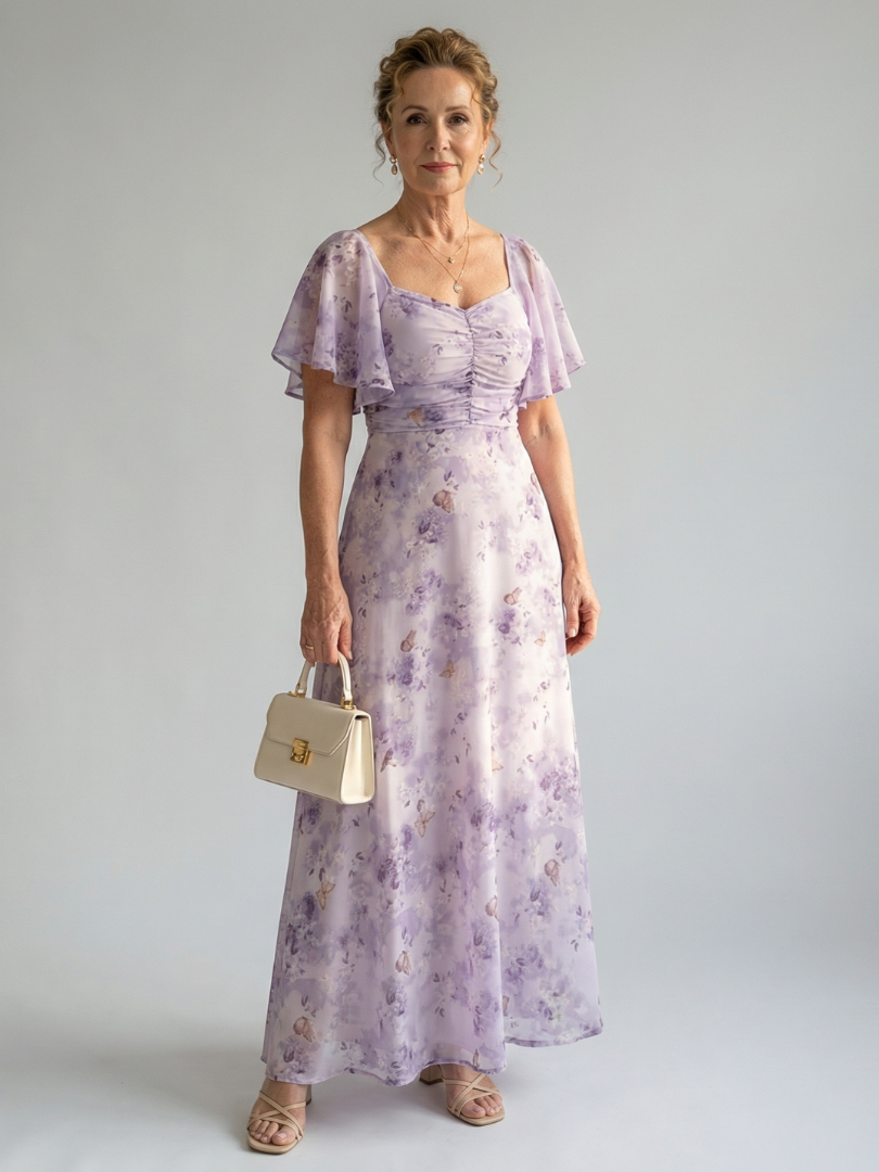 Veda Bremen Vaelis mid-length dress with flutter sleeves, flowing fabric, and a stylish, elegant design.